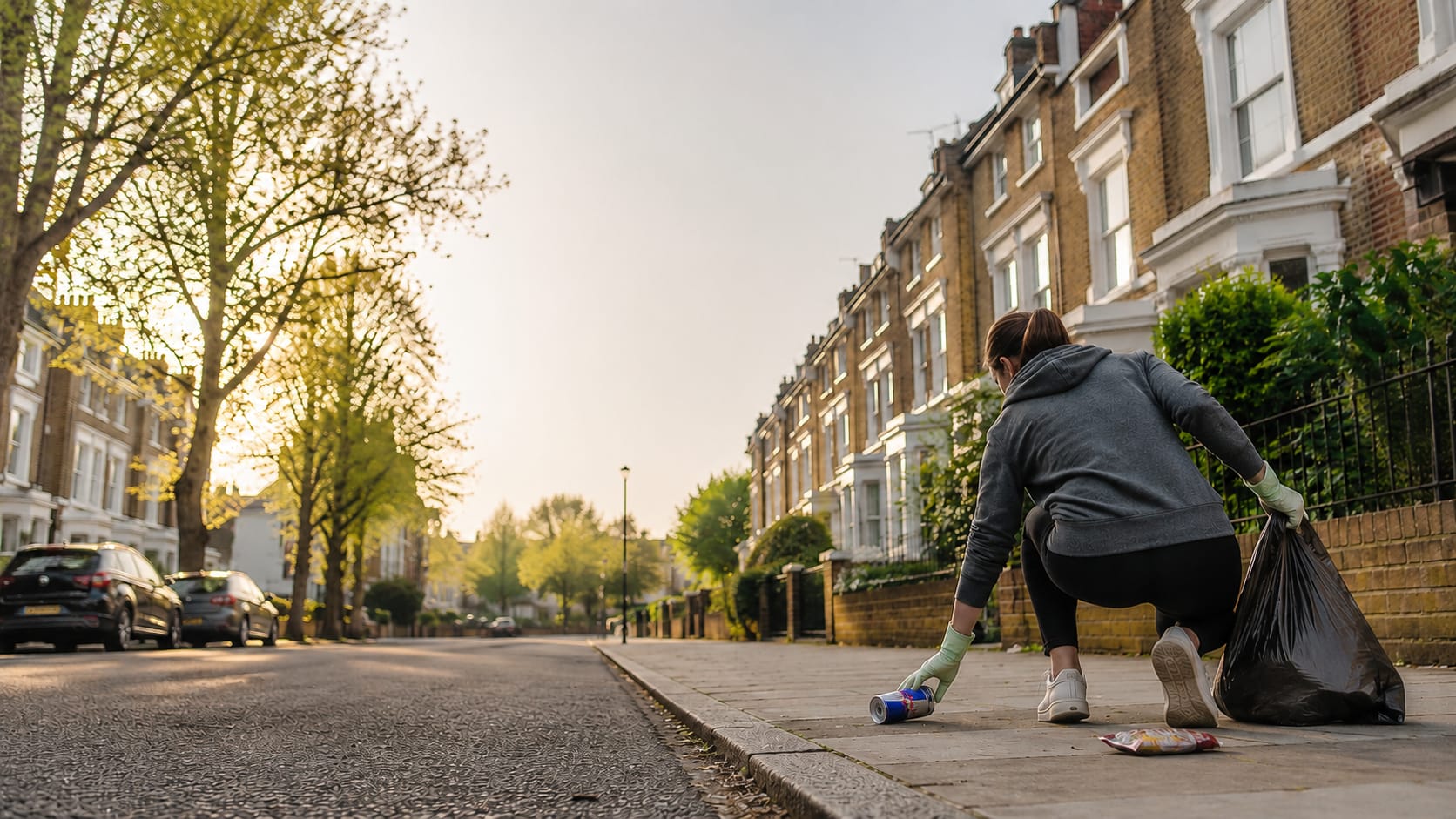 A volunteer picking up litter on a quiet London street at sunrise
